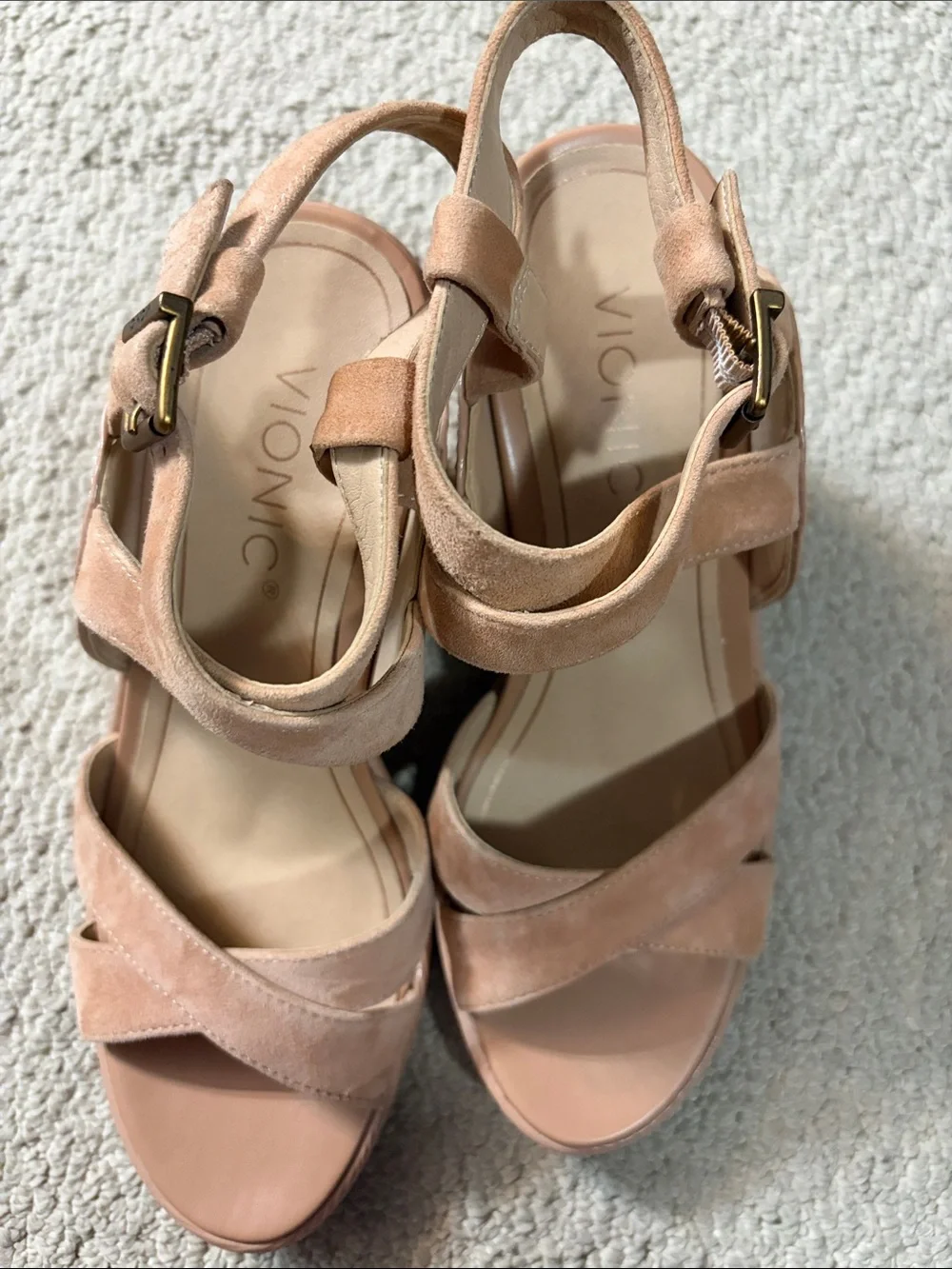 Vionic Nude Tan Suede Wedge Sandals